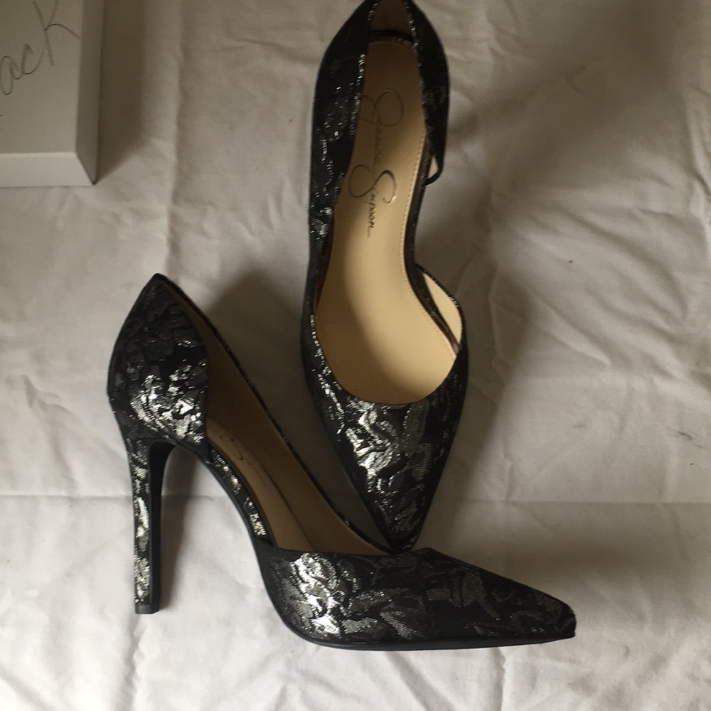 Jessica Simpson Black and Silver Patterned Heels